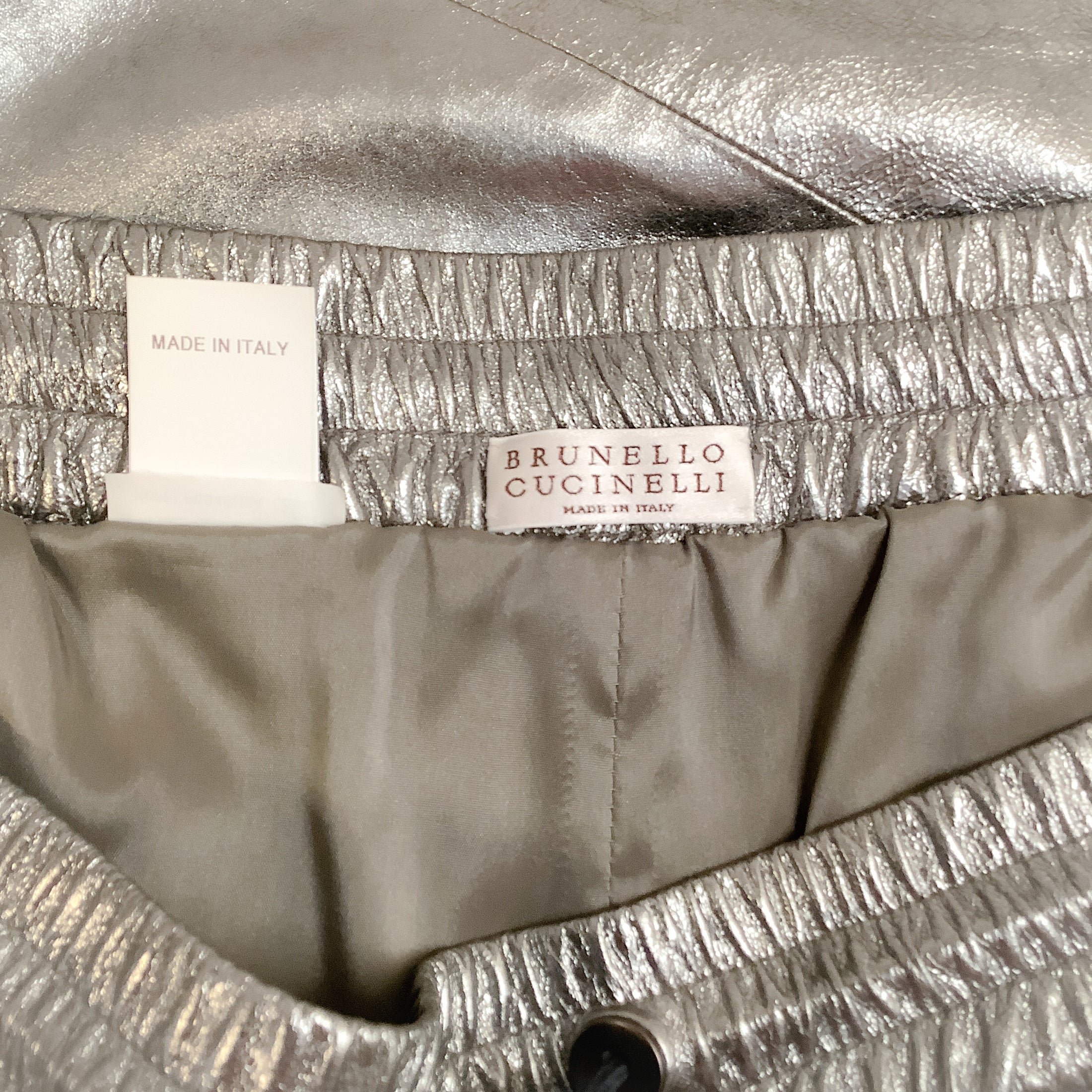 Brunello Cucinelli Silver Leather Drawstring Pants