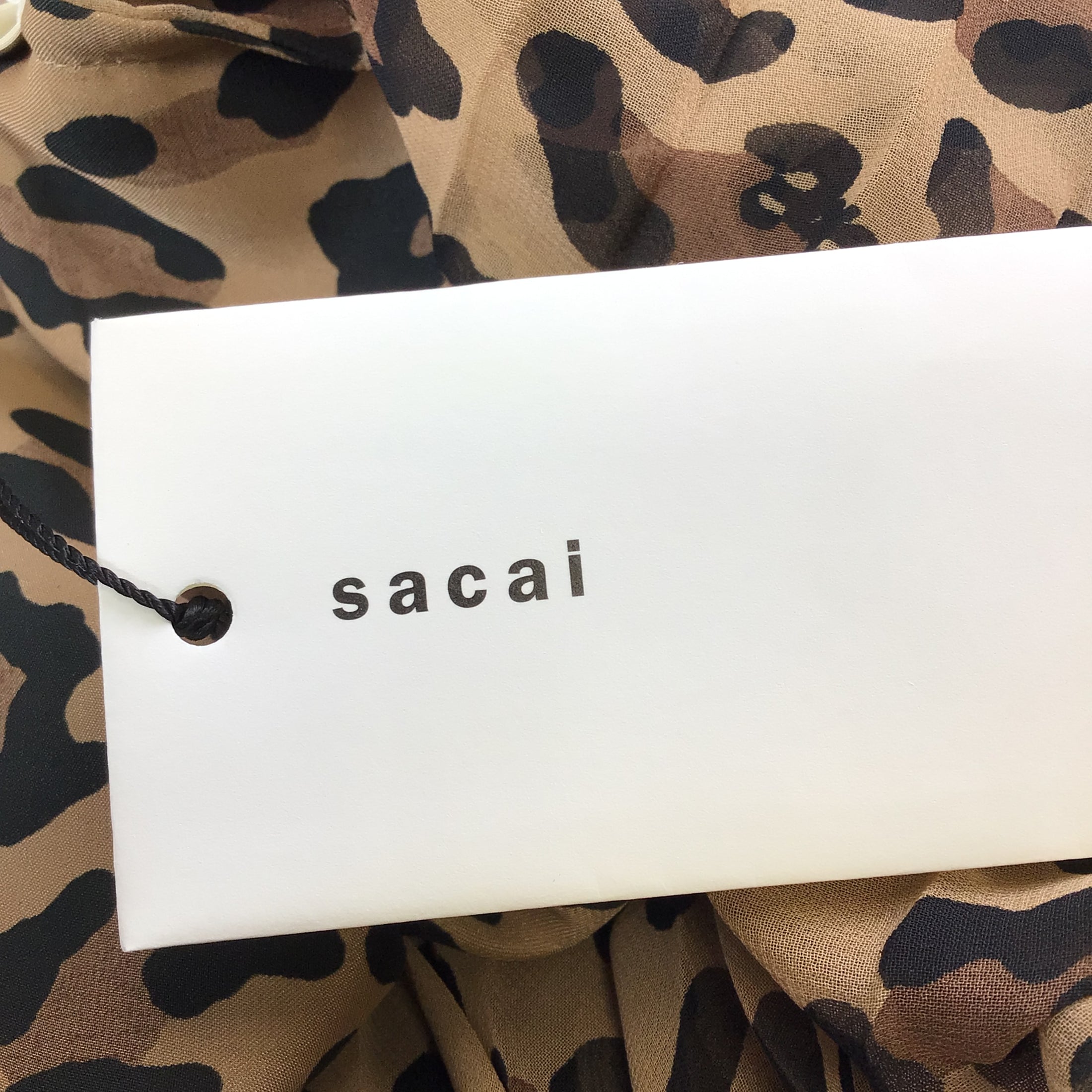 Sacai Tan / Brown / Black / Navy Blue Velvet Tie-Neck Pleated Leopard Printed Satin and Crepe Blouse