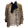 Load image into Gallery viewer, Sacai Tan / Brown / Black / Navy Blue Velvet Tie-Neck Pleated Leopard Printed Satin and Crepe Blouse