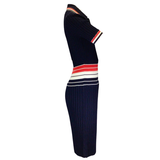 Thom Browne Navy Blue / White / Red Striped Accordion Pleated Cotton Knit Polo Dress