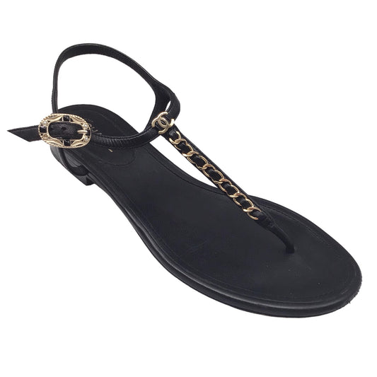 Chanel Black / Gold Chain Detail Flat Leather Sandals