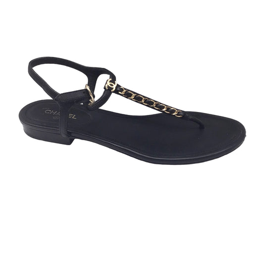 Chanel Black / Gold Chain Detail Flat Leather Sandals