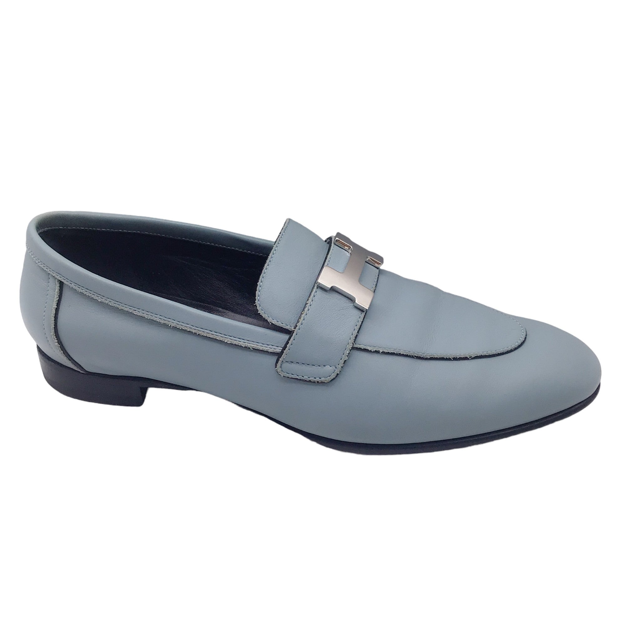 Hermes Light Blue / Silver H Leather Loafers