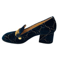 Load image into Gallery viewer, Gucci Navy Blue GG Logo Velvet Mid Heel Loafer Pumps with Gold Hardware