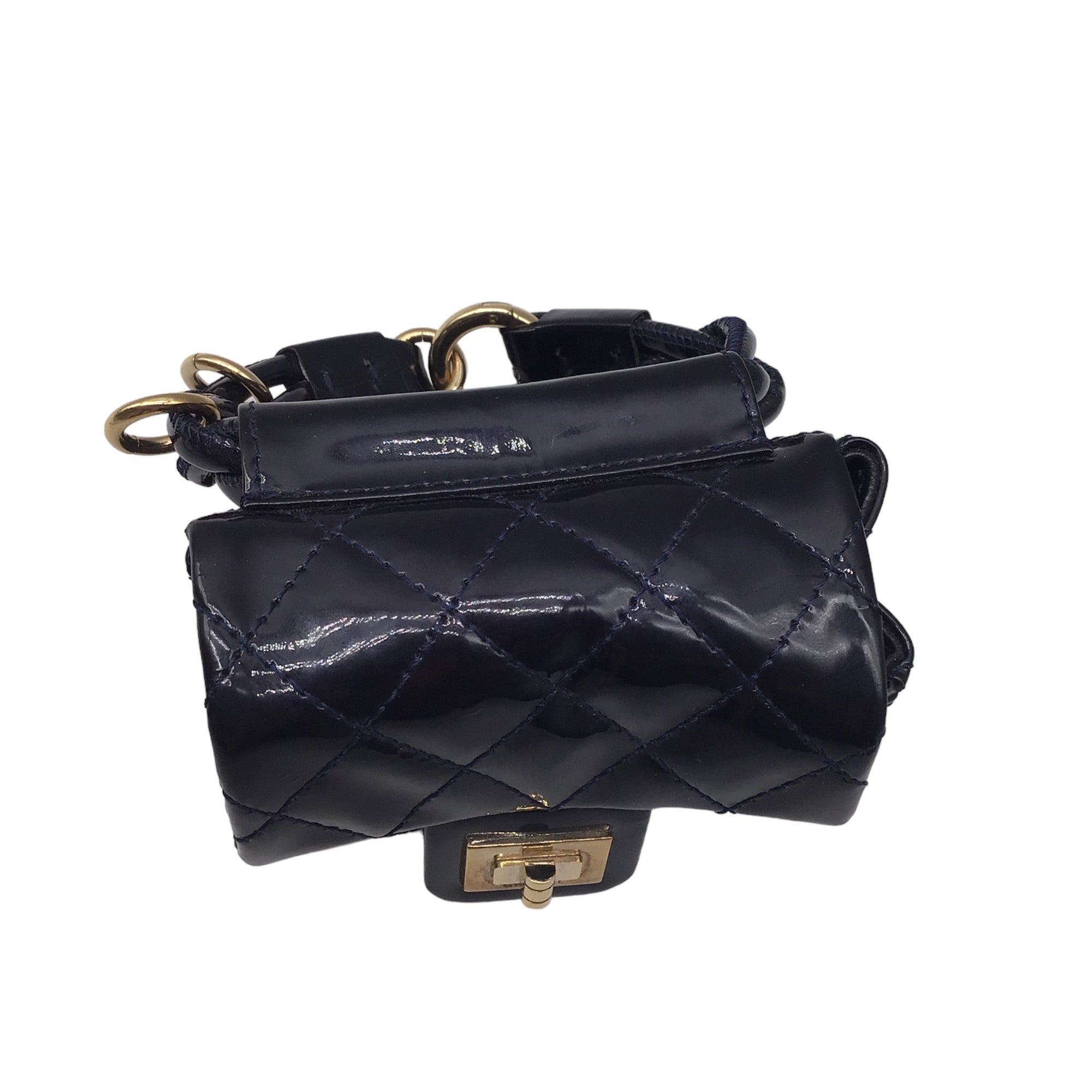 Chanel Navy Blue Quilted Patent Leather Anklet Ankle Monitor Mini Bag
