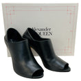 Load image into Gallery viewer, Alexander McQueen Black Leather Open Toe Pumps with Silver / Gold Heel