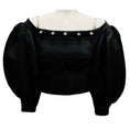 Load image into Gallery viewer, David Koma Black Cady and Neoprene Puff Sleeve Pleats and Metal Balls Detail Cropped Top