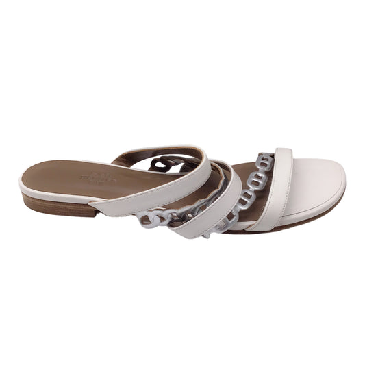 Hermes White / Silver Metallic Chain Strap Flat Leather Sandals
