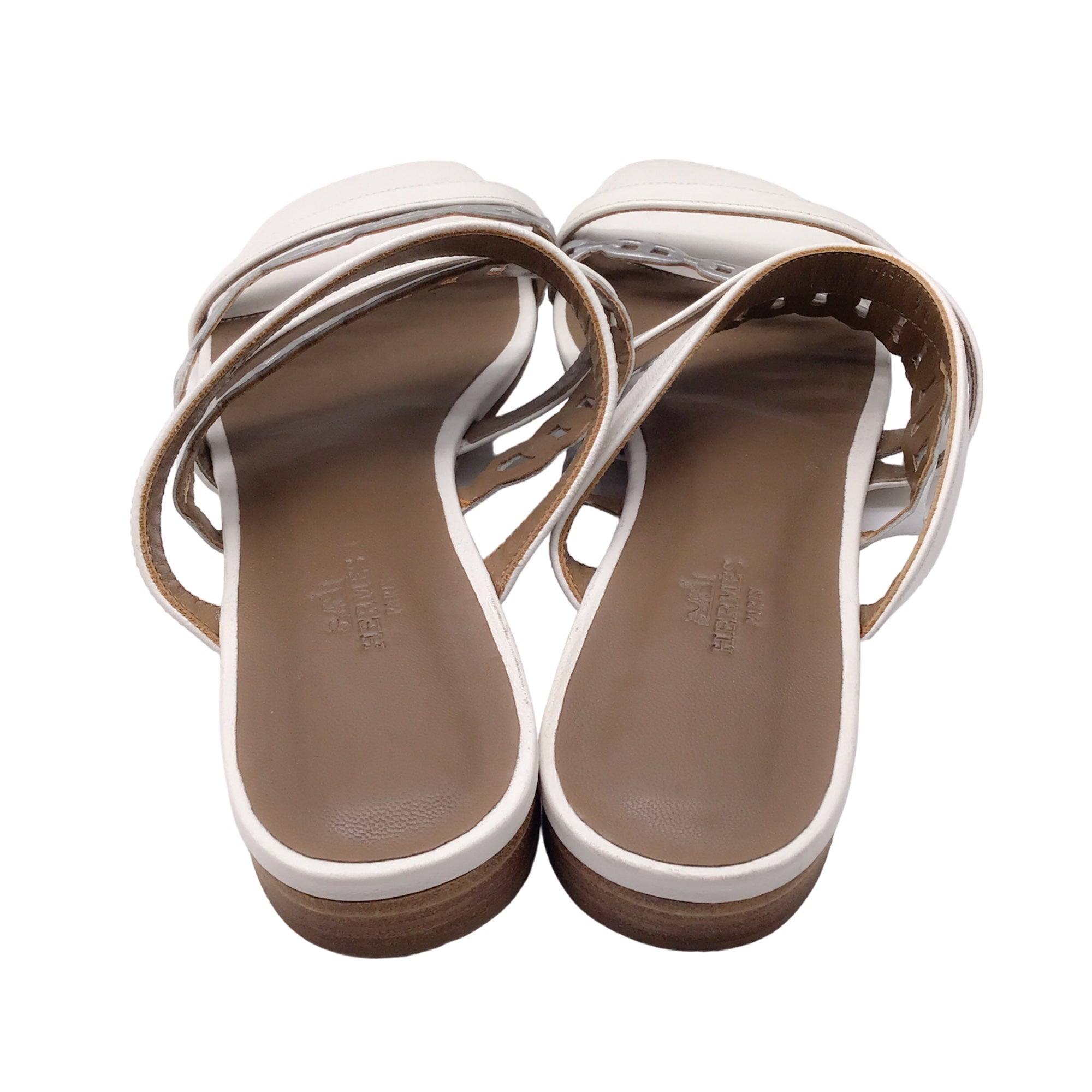 Hermes White / Silver Metallic Chain Strap Flat Leather Sandals