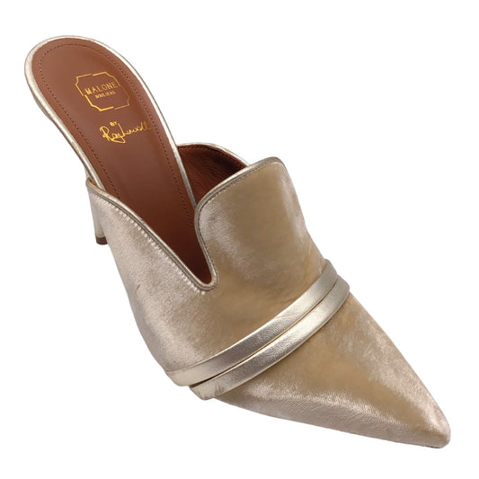 Malone Souliers Champagne Metallic Leather Trimmed Pointed Toe Velvet Mule Heels