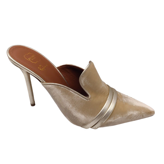 Malone Souliers Champagne Metallic Leather Trimmed Pointed Toe Velvet Mule Heels