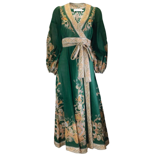Zimmermann Green Multi Printed Long Sleeved Cotton Wrap Dress