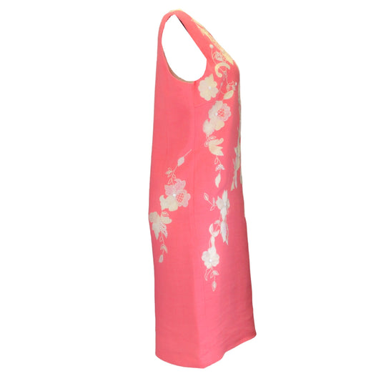 Naeem Khan Pink / Beige Embroidered and Beaded Sleeveless Linen Dress