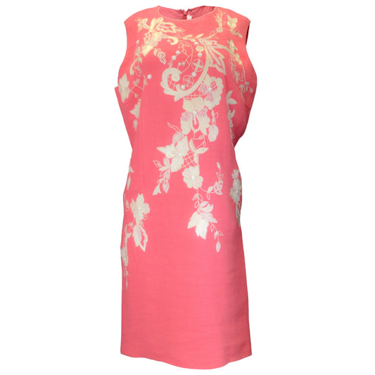 Naeem Khan Pink / Beige Embroidered and Beaded Sleeveless Linen Dress