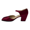 Load image into Gallery viewer, Chanel Burgundy Square Toe Satin Low Heel Pumps with CC Logo Ankle Strap