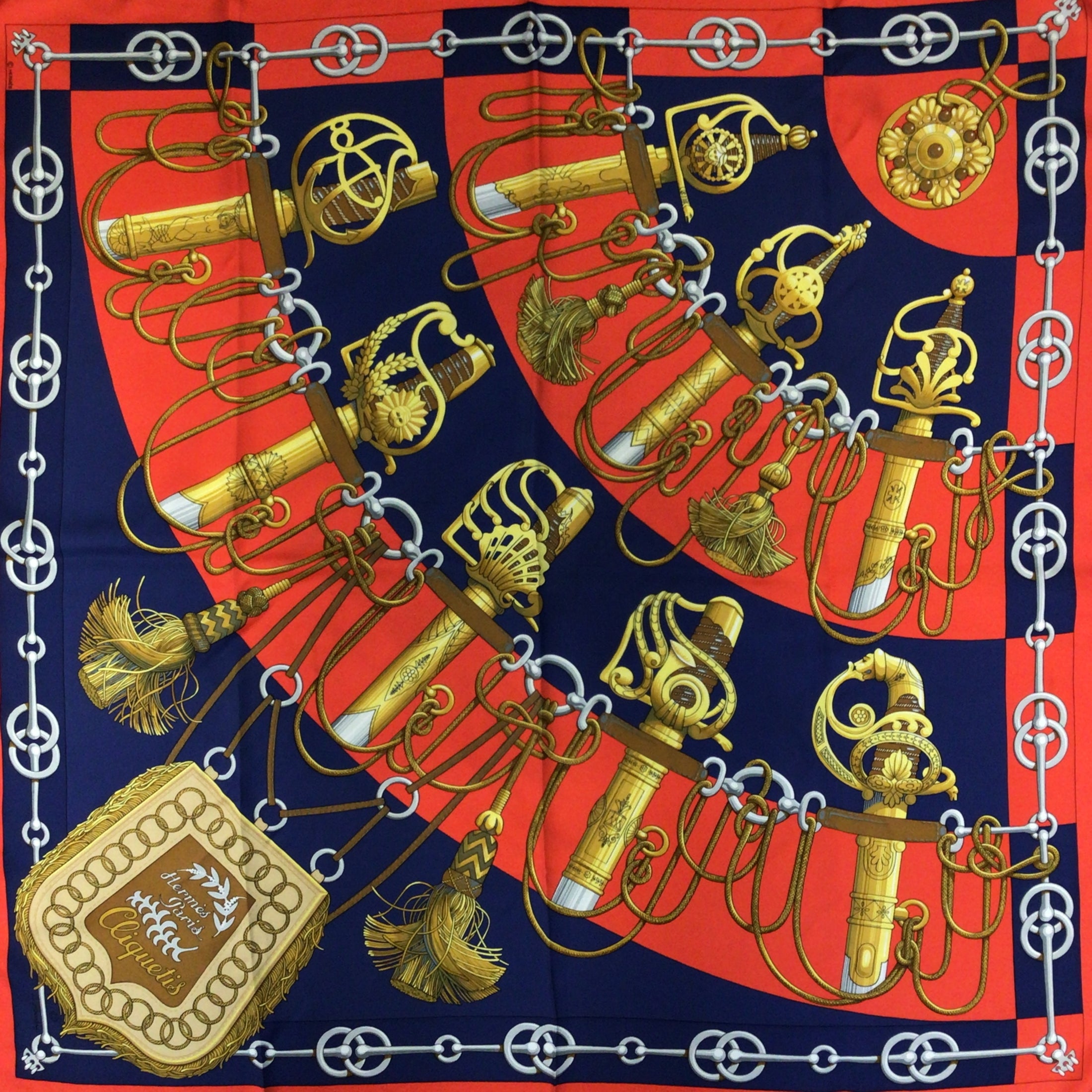 Hermes Red / Navy Blue Multi Cliquetis Square Silk Scarf