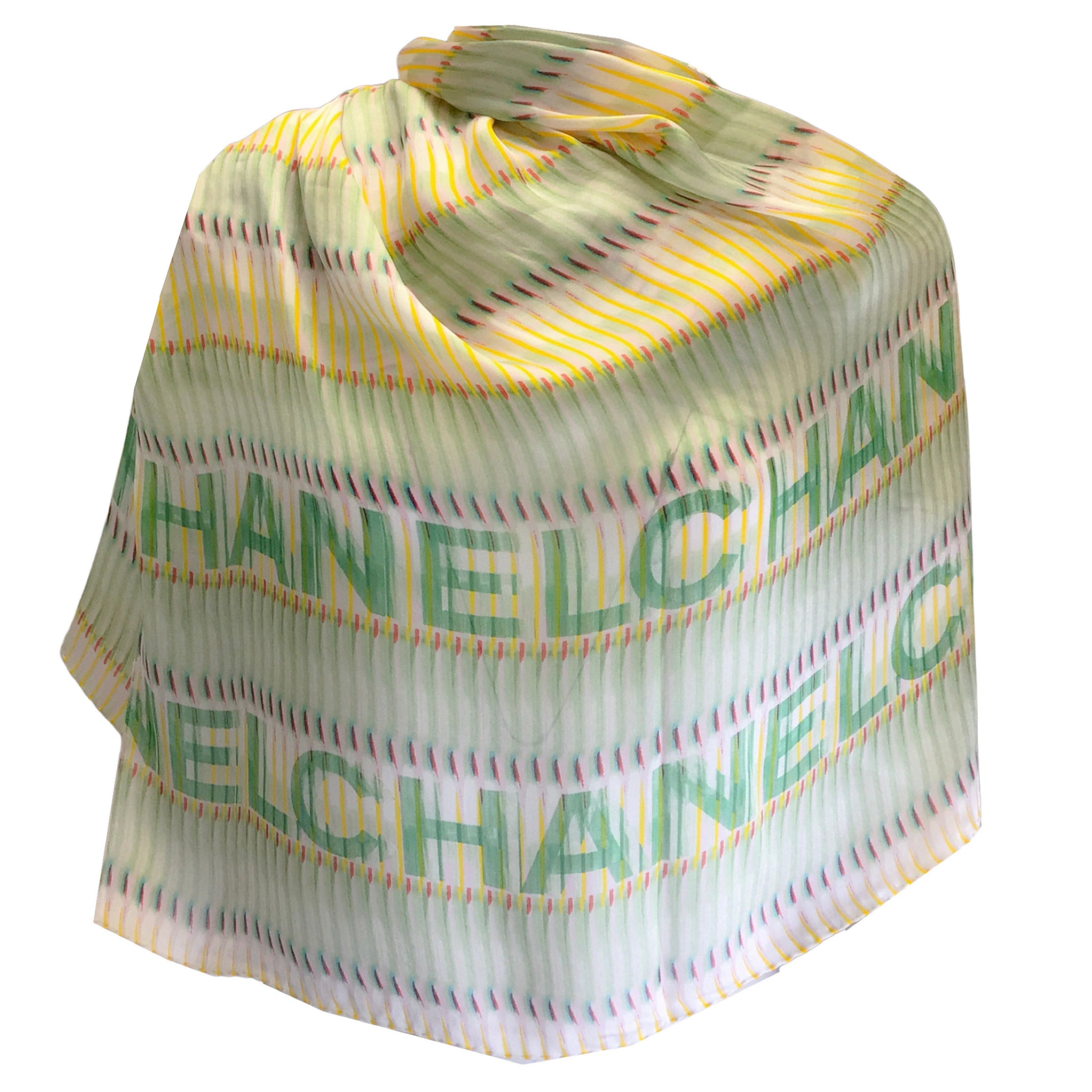 Chanel Green Multi Printed Long Sheer Silk Scarf