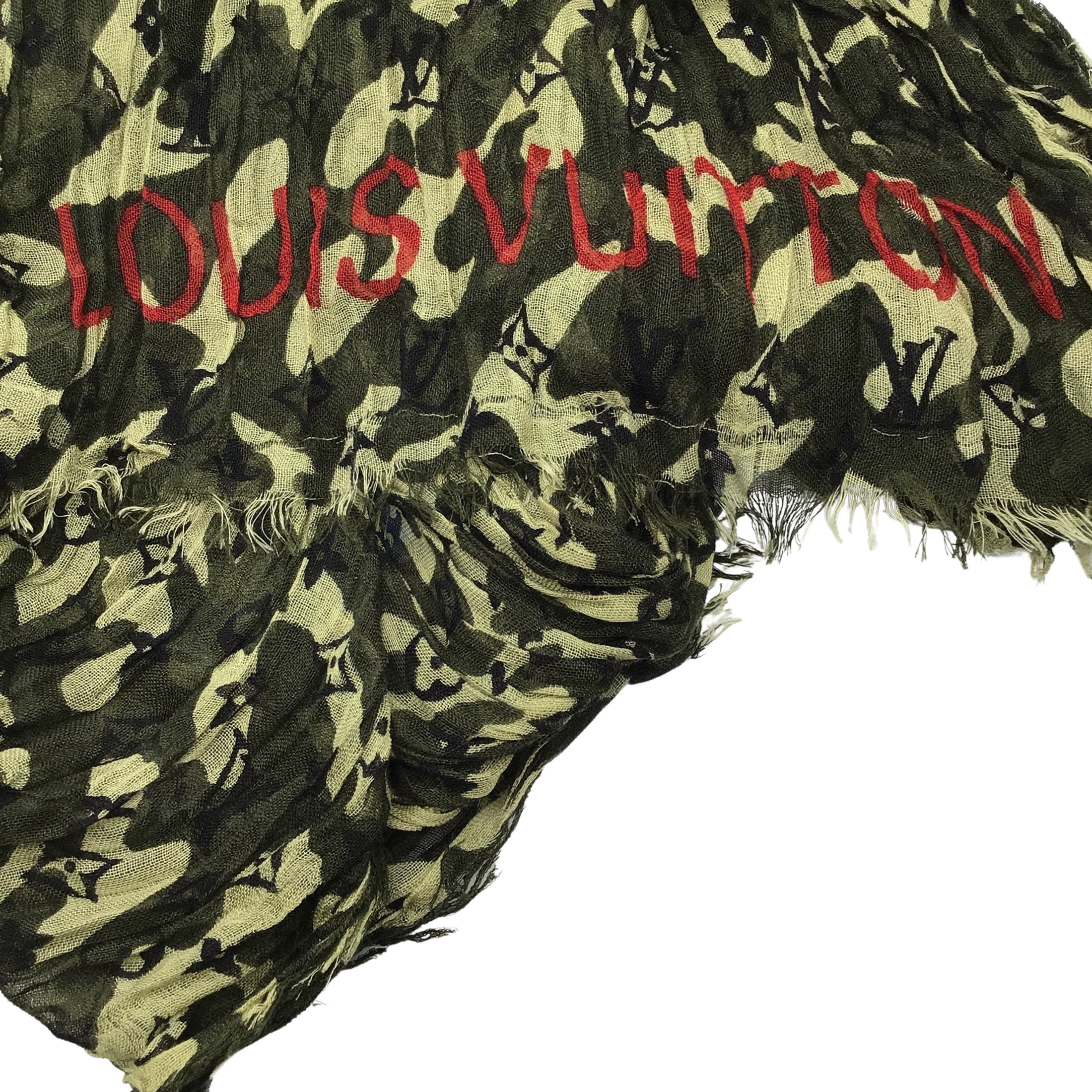 Louis Vuitton x Takashi Murakami Green Camoflauge Monogram Crinkled Cashmere and Silk Scarf