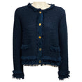 Load image into Gallery viewer, Thom Browne Navy Blue Fringed Cotton Knit Cardigan Sweater with Gold Anchor Buttons