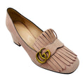 Load image into Gallery viewer, Gucci Crystal Pink / Gold GG Kiltie Fringe Mid Heel Suede Pump