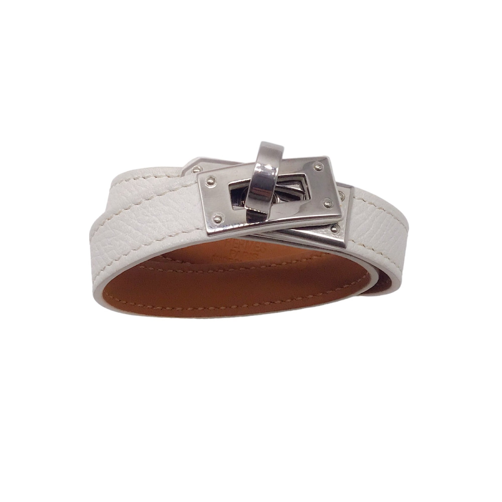 Hermes White / Silver Calfskin Leather and Palladium Kelly Double Tour Bracelet