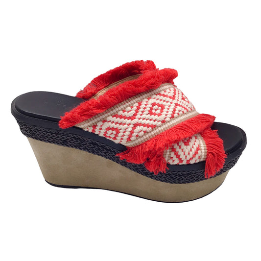 Barbara Bui Red / White / Taupe Suede Platform Wedge Heel Fringed Embroidered Sandals
