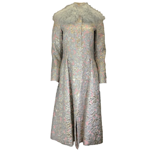 Pelush Pink / Silver Metallic Fur Collar Floral Brocade Coat