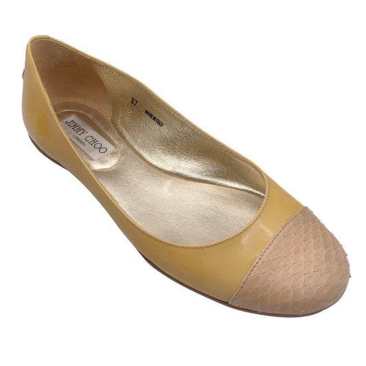 Jimmy Choo Yellow / Beige Snakeskin Leather Cap Toe Patent Leather Flats