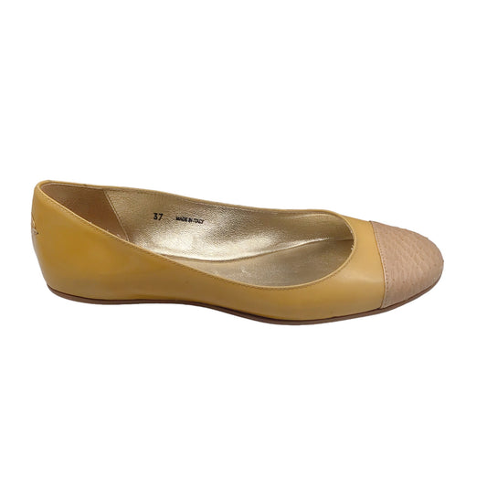 Jimmy Choo Yellow / Beige Snakeskin Leather Cap Toe Patent Leather Flats