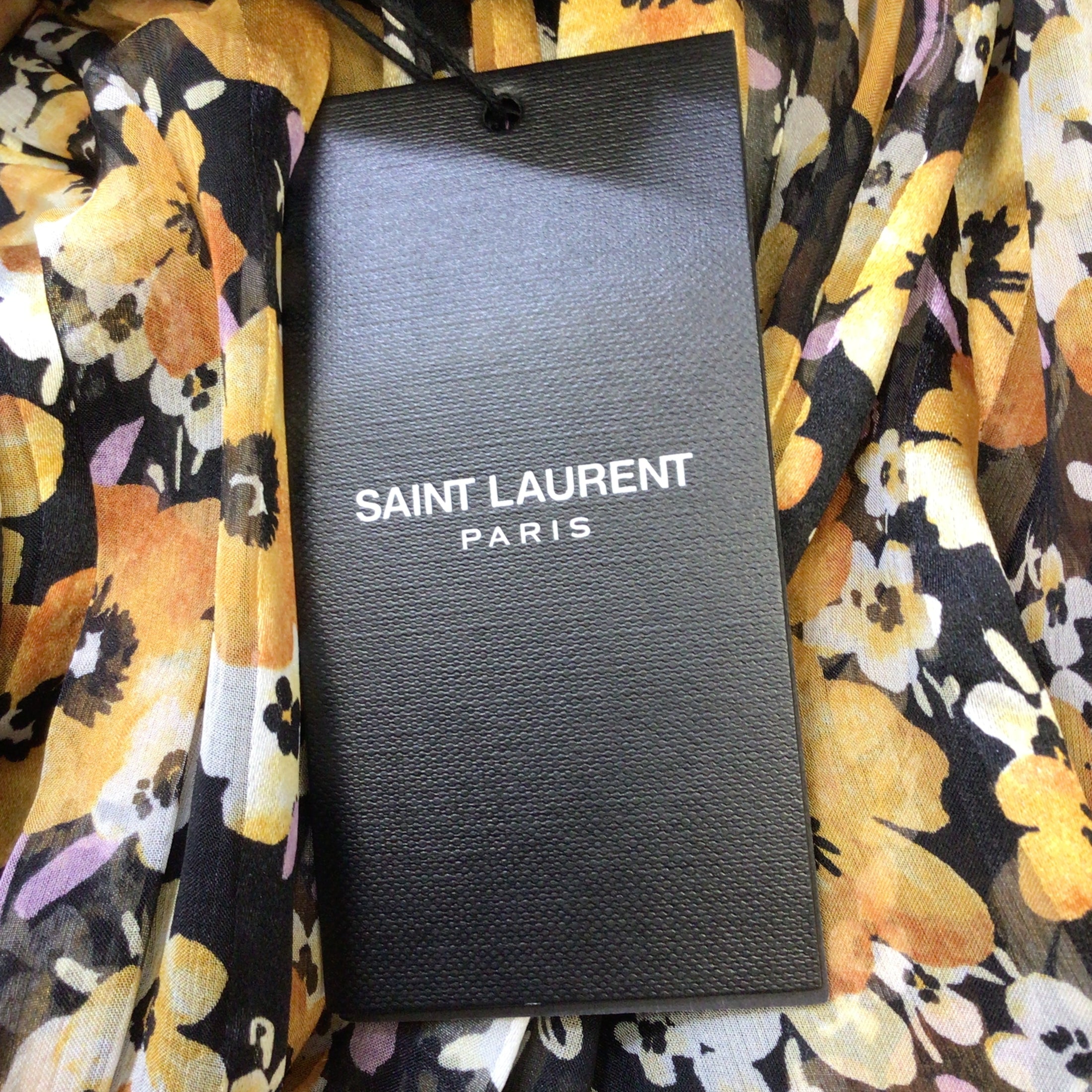 Saint Laurent Yellow / Black Multi Floral Printed One-Shoulder Silk Dress