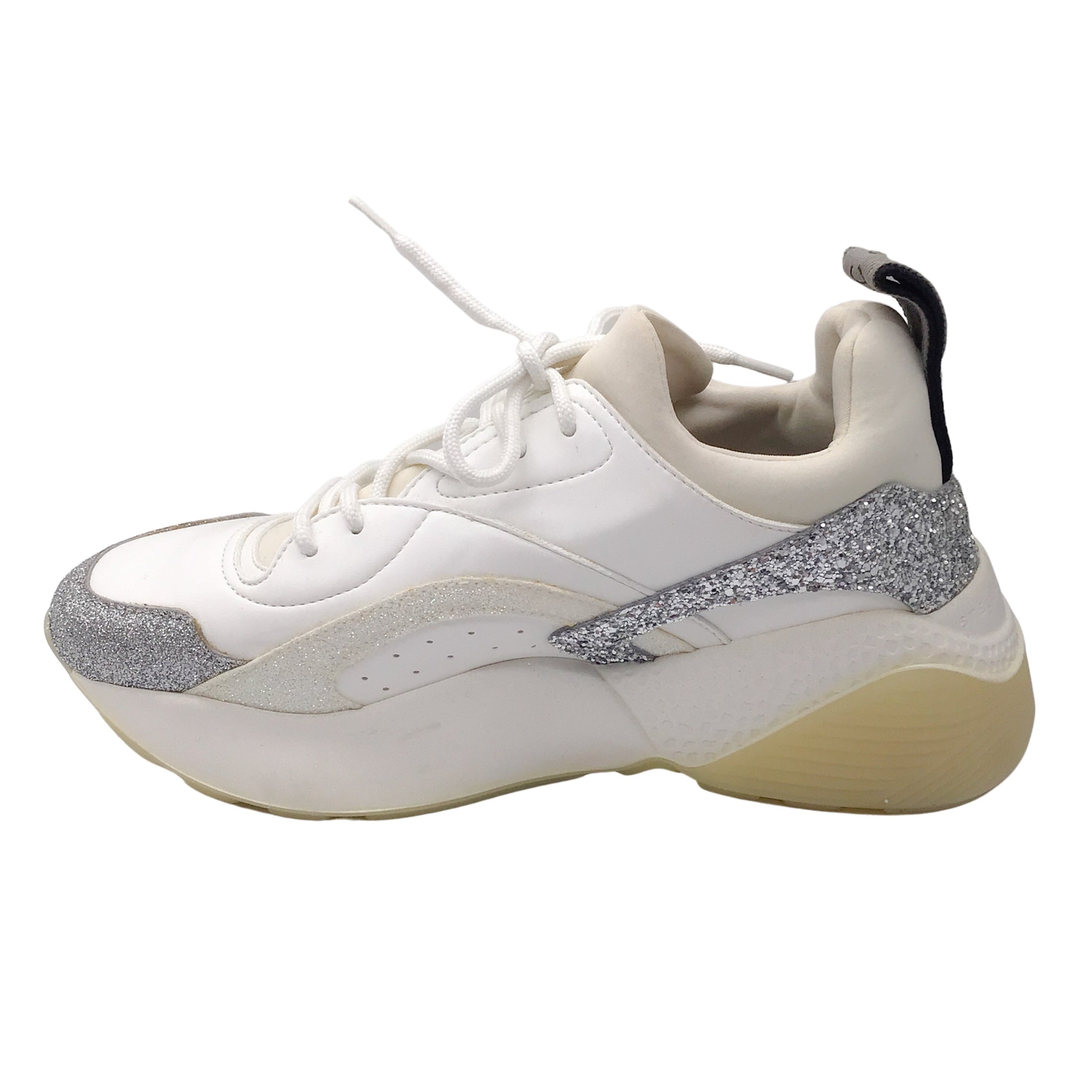 Stella McCartney Eclypse White / Silver Metallic Glitter Detail Chunky Sole Lace-up Leather Sneakers
