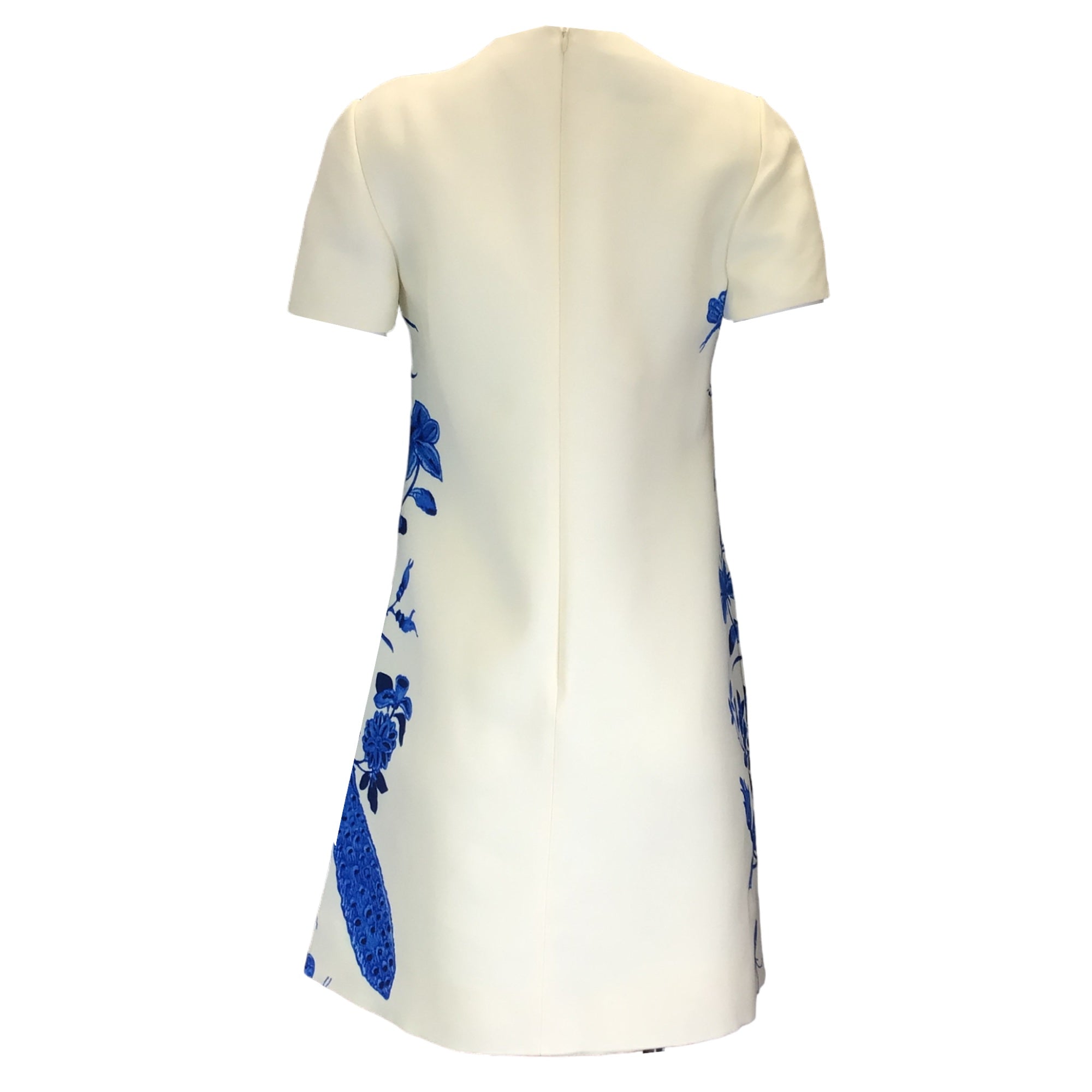 Valentino Ivory / Blue 2020 Floral Printed Short Sleeved Wool and Silk Crepe Dress