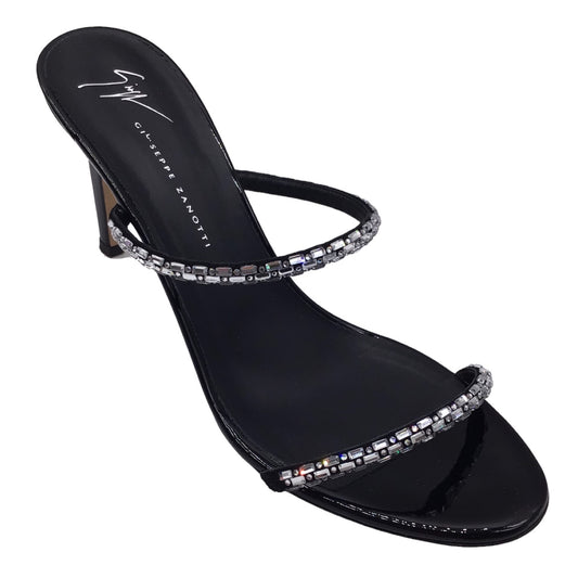 Giuseppe Zanotti Black / Silver Crystal Embellished Patent Leather Slide Sandals
