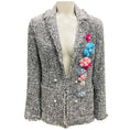 Load image into Gallery viewer, Edward Achour Black / White Fringed Tweed Jacket with Floral Applique