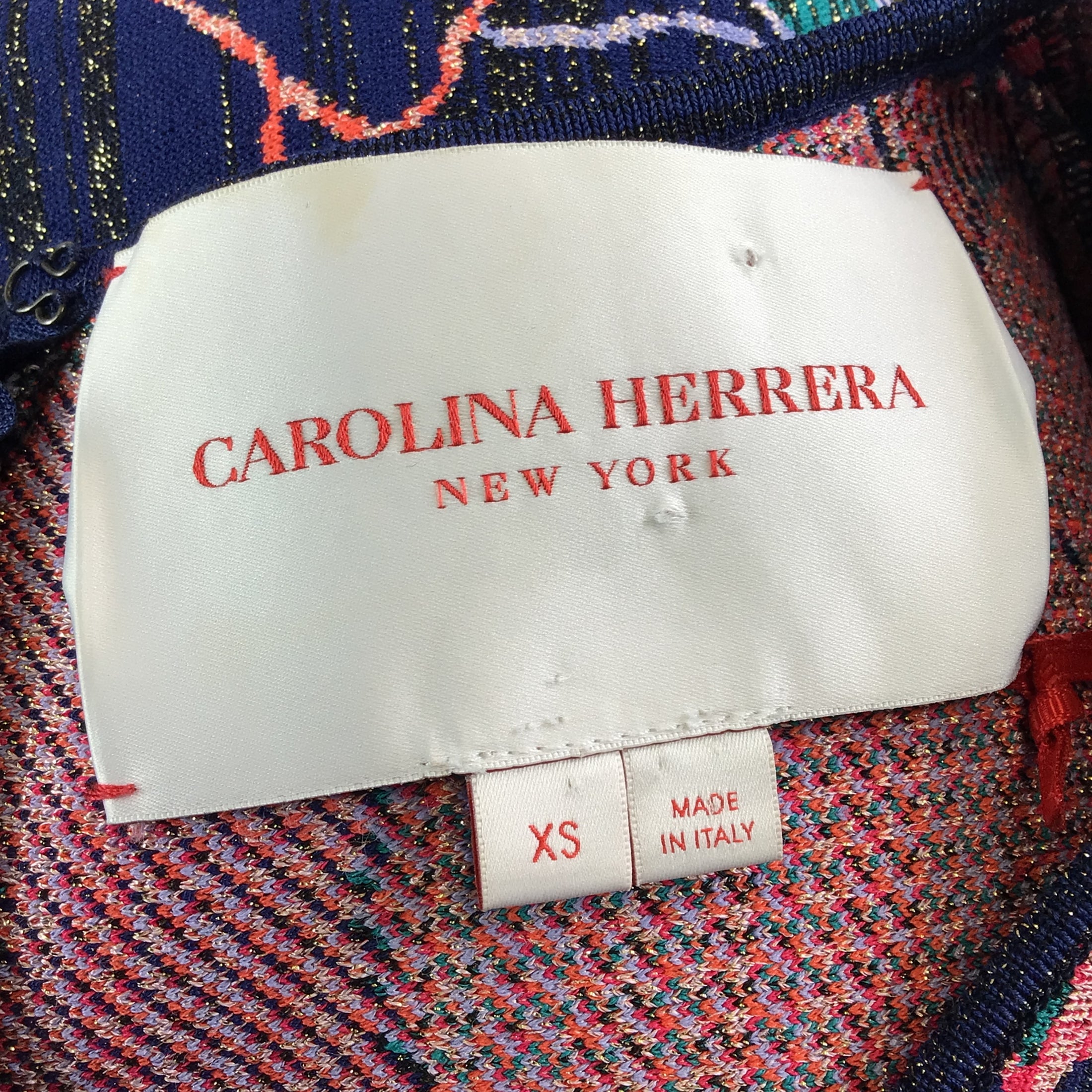 Carolina Herrera Navy Blue Multi Metallic Stretch Knit Flared Dress