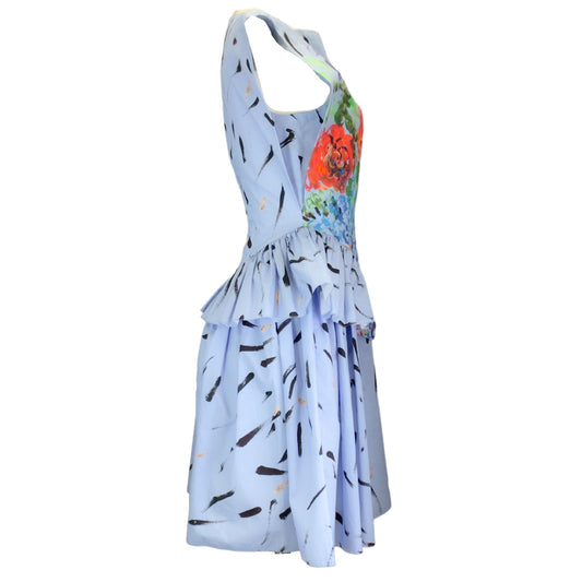 Christopher Kane Blue Multi Floral Printed Peplum-Waist Cotton Mini Dress