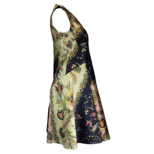 Etro Metallic Multi Jacquard Printed Sleeveless V-Neck Flared Silk Dress