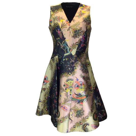 Etro Metallic Multi Jacquard Printed Sleeveless V-Neck Flared Silk Dress