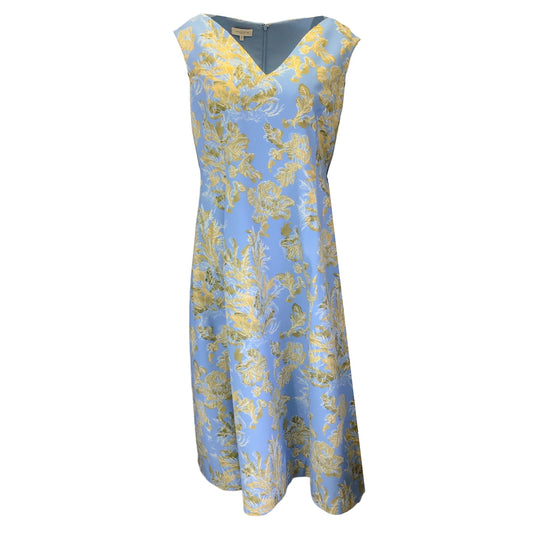 Lafayette 148 New York Blue / Gold Floral Printed Sleeveless V-Neck Flared Dress
