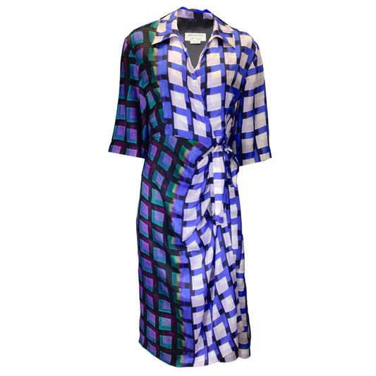 Dries Van Noten Len Lye Blue / Purple Multi Grid Print Satin Wrap Dress