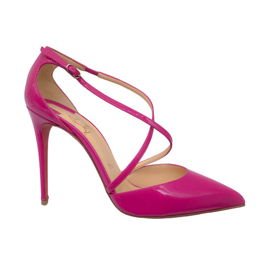 Christian Louboutin Fuchsia Pointed Toe Patent Leather Cross Strap Pumps