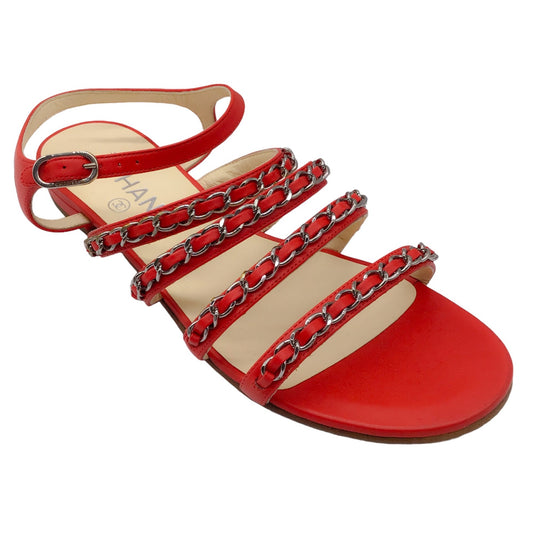 Chanel Red / Silver Chain Detail Lambskin Leather Sandals