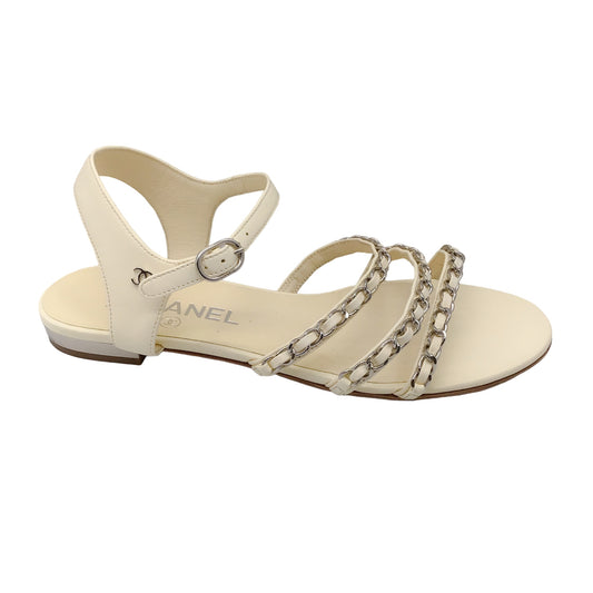 Chanel Ivory / Silver Chain Detail Ankle Strap Lambskin Leather Sandals