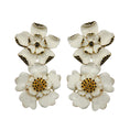 Load image into Gallery viewer, Carolina Herrera White / Black / Gold Hardware Rhinestone Embellished Enamel Flower Drop Clip On Earrings