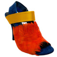 Load image into Gallery viewer, Dries van Noten Blue Suede Slingback Peep Toe Pumps with Orange Feathers