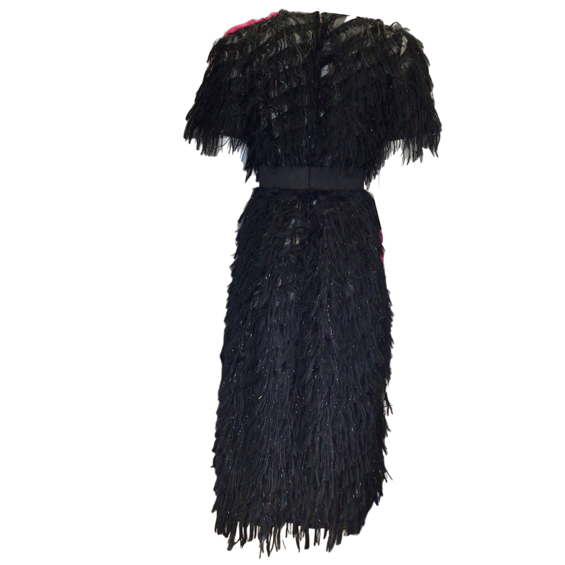 Dolce & Gabbana Black Multi Floral Applique Embroidered Short Sleeved Shag Midi Dress