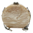 Load image into Gallery viewer, Edie Parker Champagne Metallic Iridescent Mirror Stripe Round Acrylic Clutch with Silver Hardware and Chain Strap