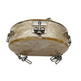 Load image into Gallery viewer, Edie Parker Champagne Metallic Iridescent Mirror Stripe Round Acrylic Clutch with Silver Hardware and Chain Strap