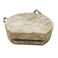 Load image into Gallery viewer, Edie Parker Champagne Metallic Iridescent Mirror Stripe Round Acrylic Clutch with Silver Hardware and Chain Strap