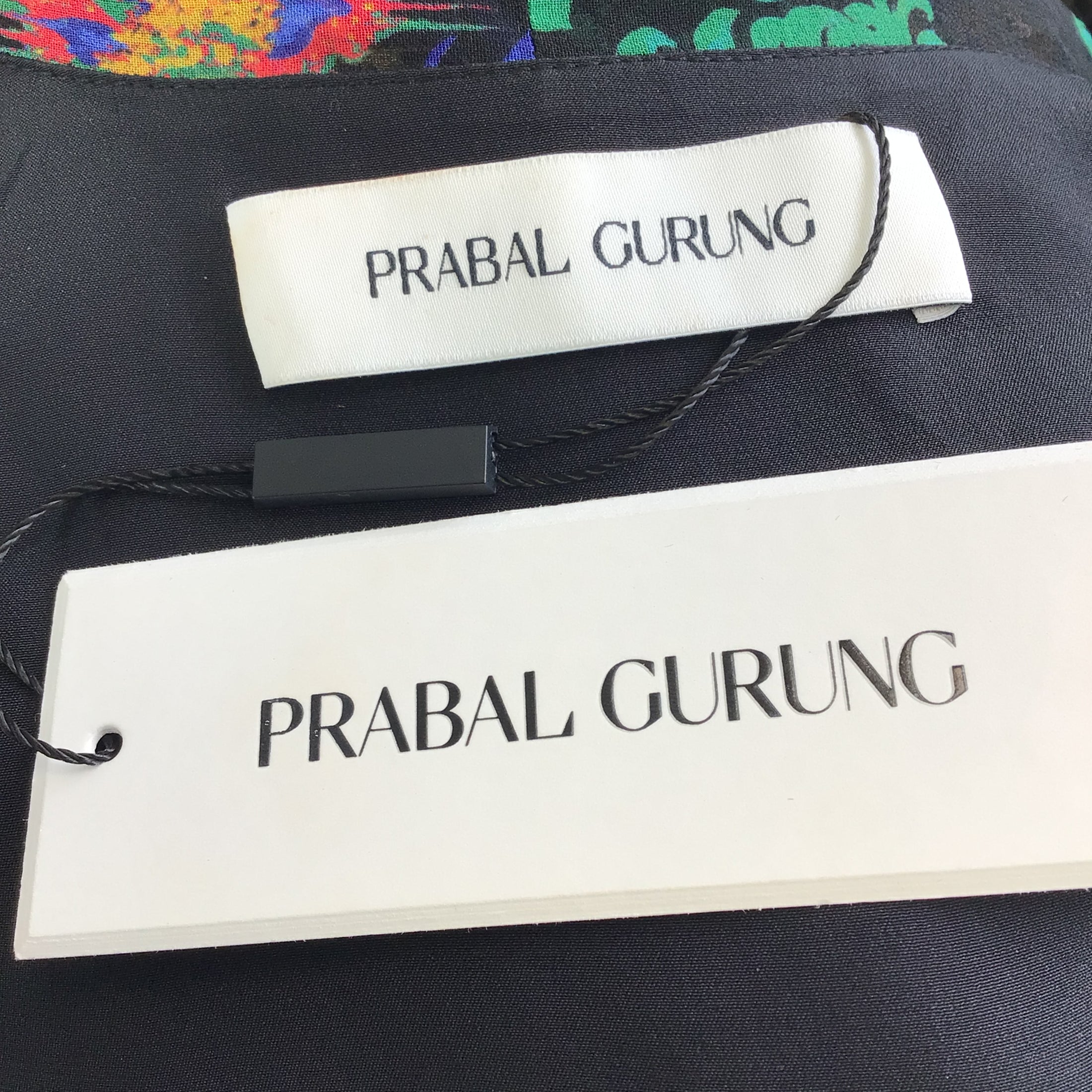 Prabal Gurung Black Multi Printed Lace Trimmed Tie-Neck Silk Dress